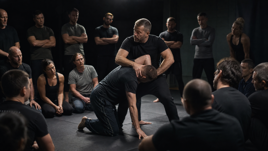 Kampfsport-Workshop des KSV Brackenheim mit Gruppe bei Selbstverteidigungs-Übung